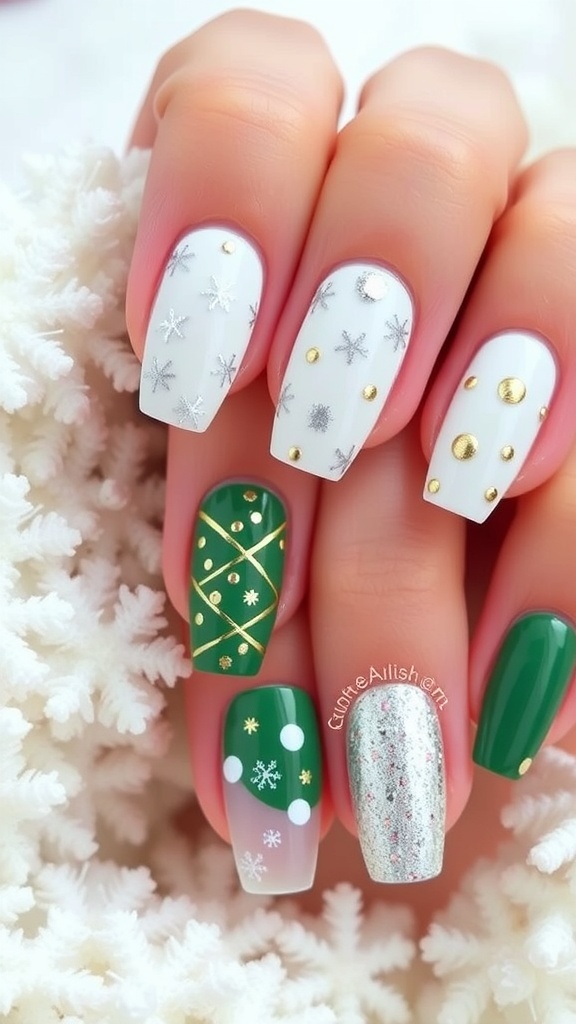 Festive Short Christmas Nail Designs in Non-Red Colors A variety of short Christmas nail designs in white, green, and gold, featuring festive patterns.
